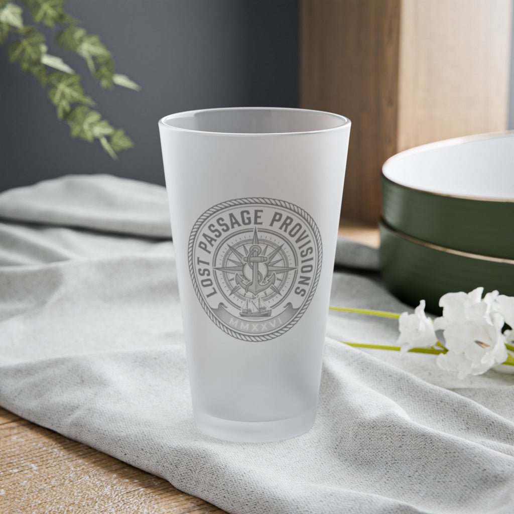 Frosted Pint Glass 16oz - Lost Passage Provisions Nautical Logo (Black/Grey)