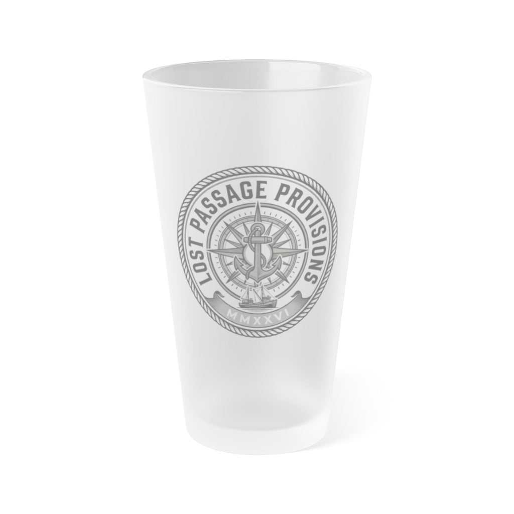 Frosted Pint Glass 16oz - Lost Passage Provisions Nautical Logo (Black/Grey)