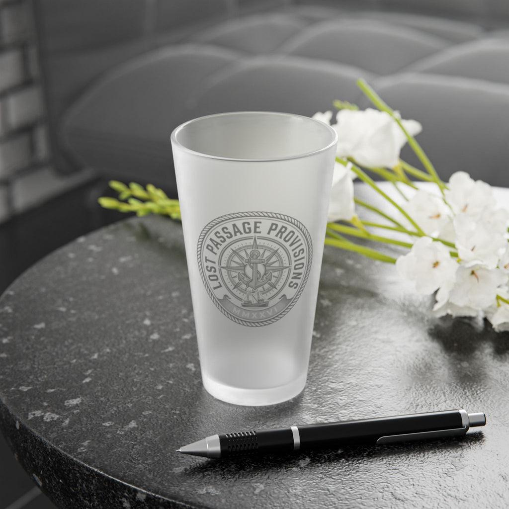 Frosted Pint Glass 16oz - Lost Passage Provisions Nautical Logo (Black/Grey)