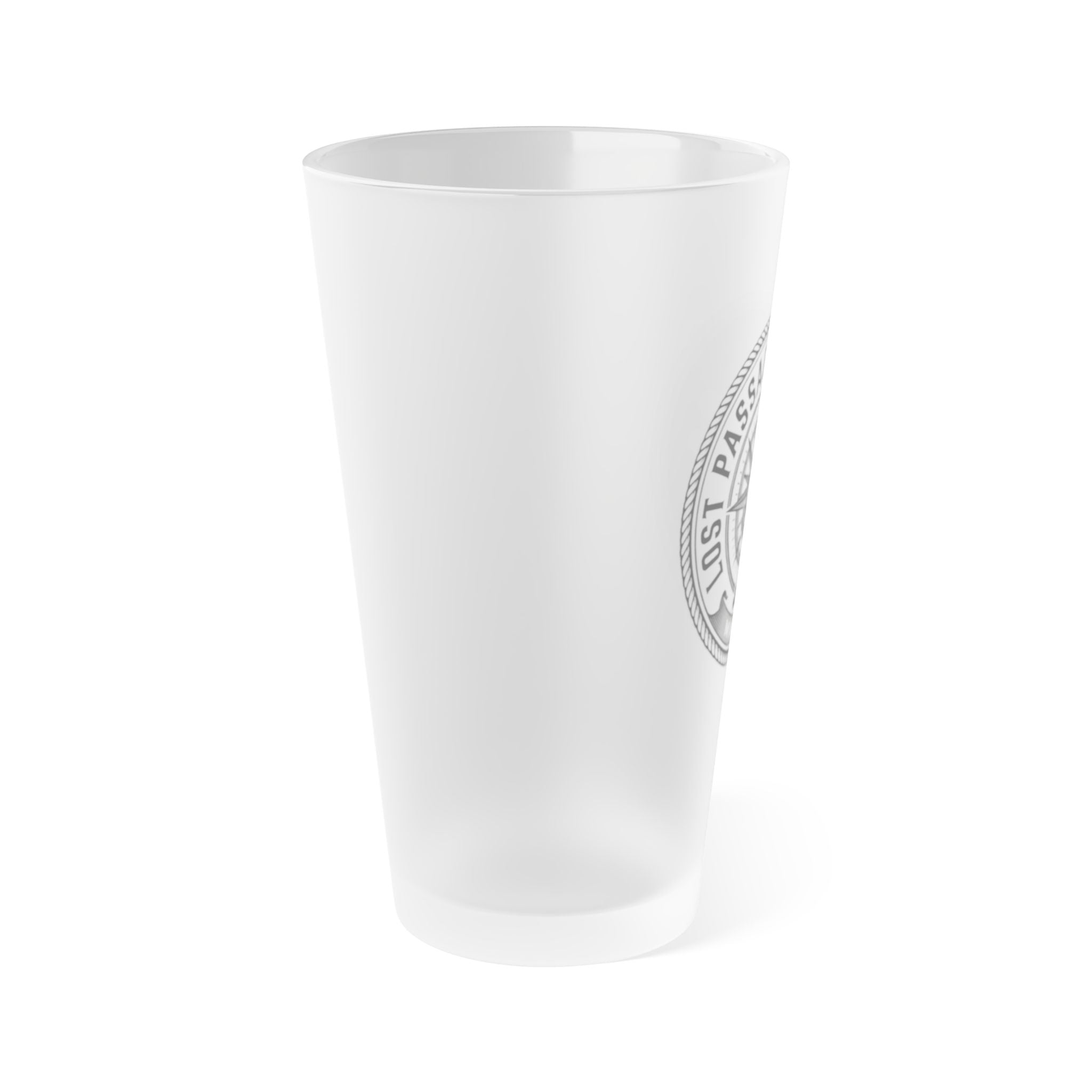 Frosted Pint Glass 16oz - Lost Passage Provisions Nautical Logo (Black/Grey)