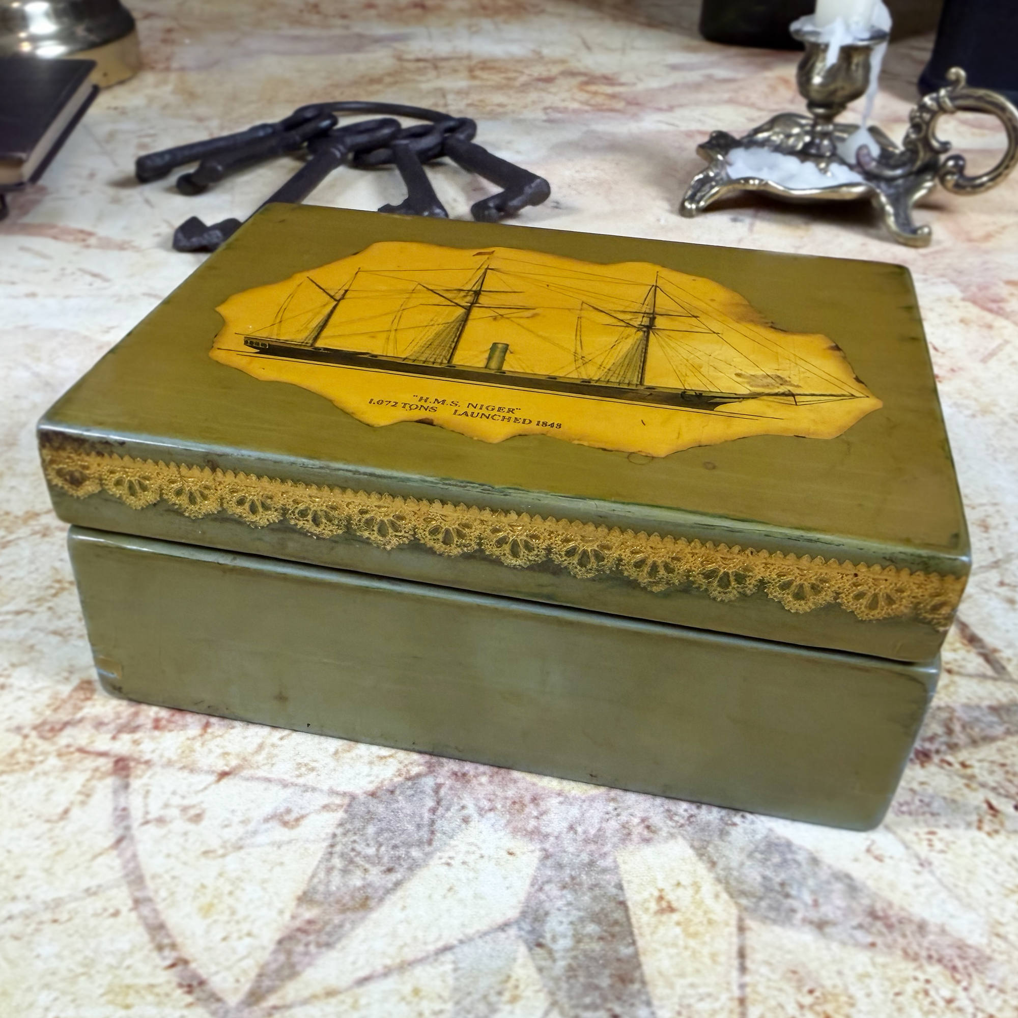 Vintage Nautical Decoupage Trinket Box | Maritime Keepsake Box